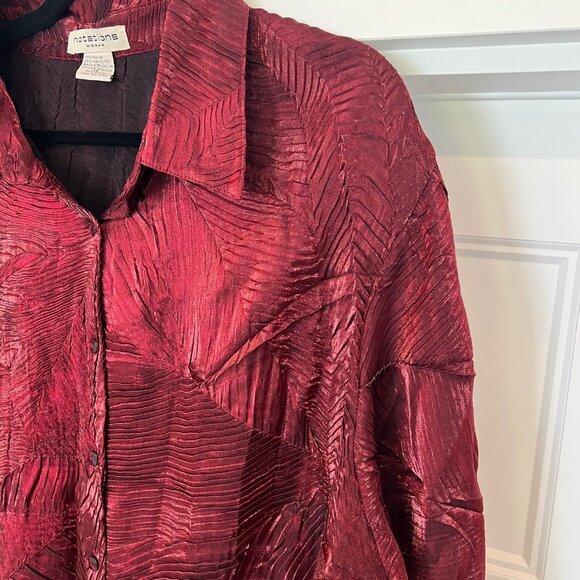 Notations Women Size 1X Burgundy Red Shimmer Holiday Long Sleeve Button Up Shirt - Picture 3 of 7